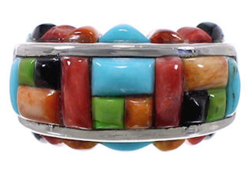 Sterling Silver Southwest Multicolor Inlay Ring Size 5-3/4 CX49976